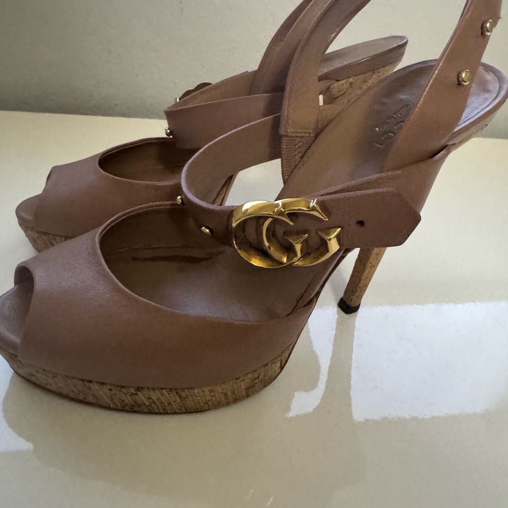 Gucci Tan Peep-Toe Platform Heels